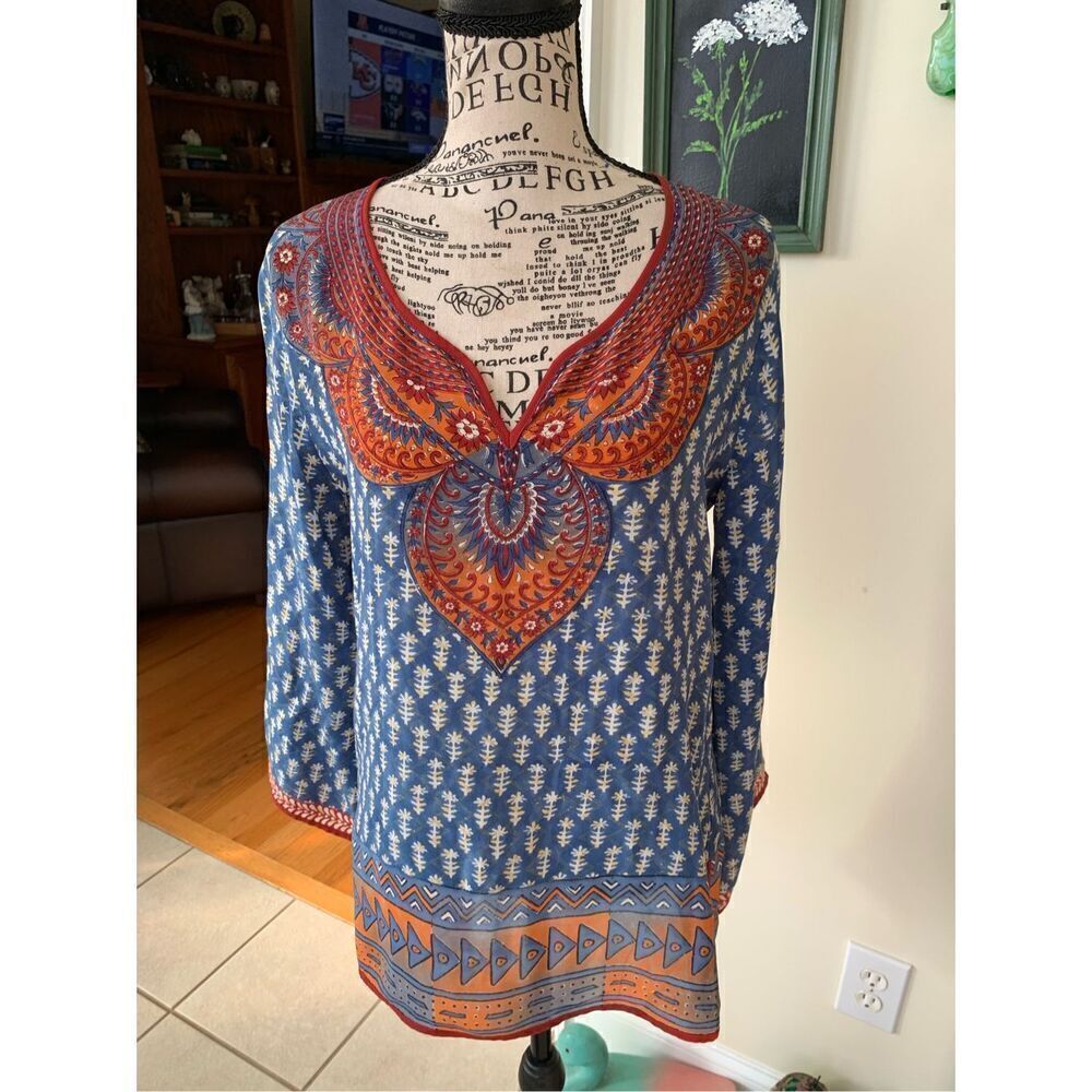 Tolani Indigo BoHo Silk Top